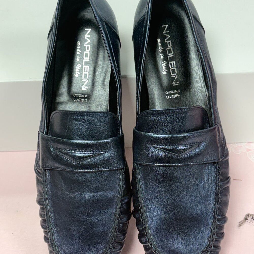 $230-NEW-Napoleoni-Women-Blue Metal Leather Flat Loafers.Sz-11. Italy.
